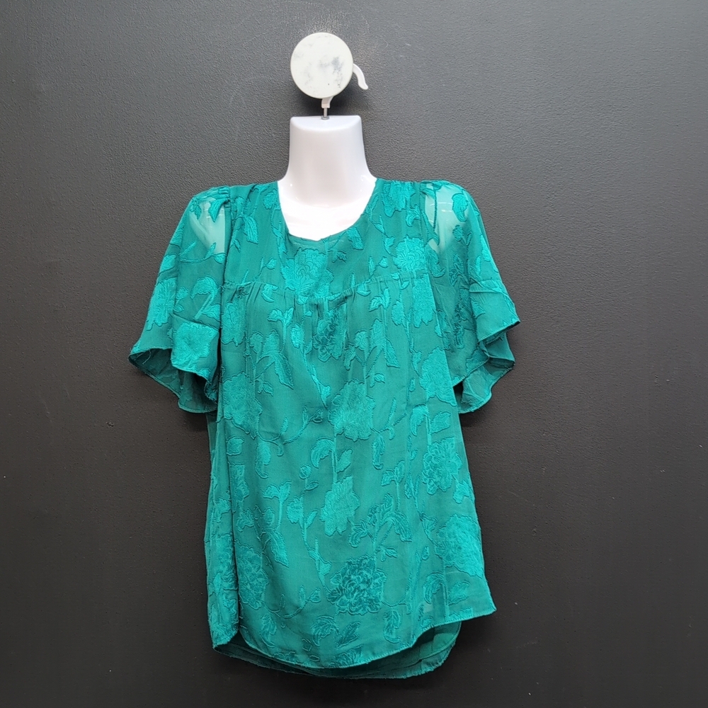 Daniel Reinn Flutter Sleeves Women's Floral Blouse Large Teal Blue